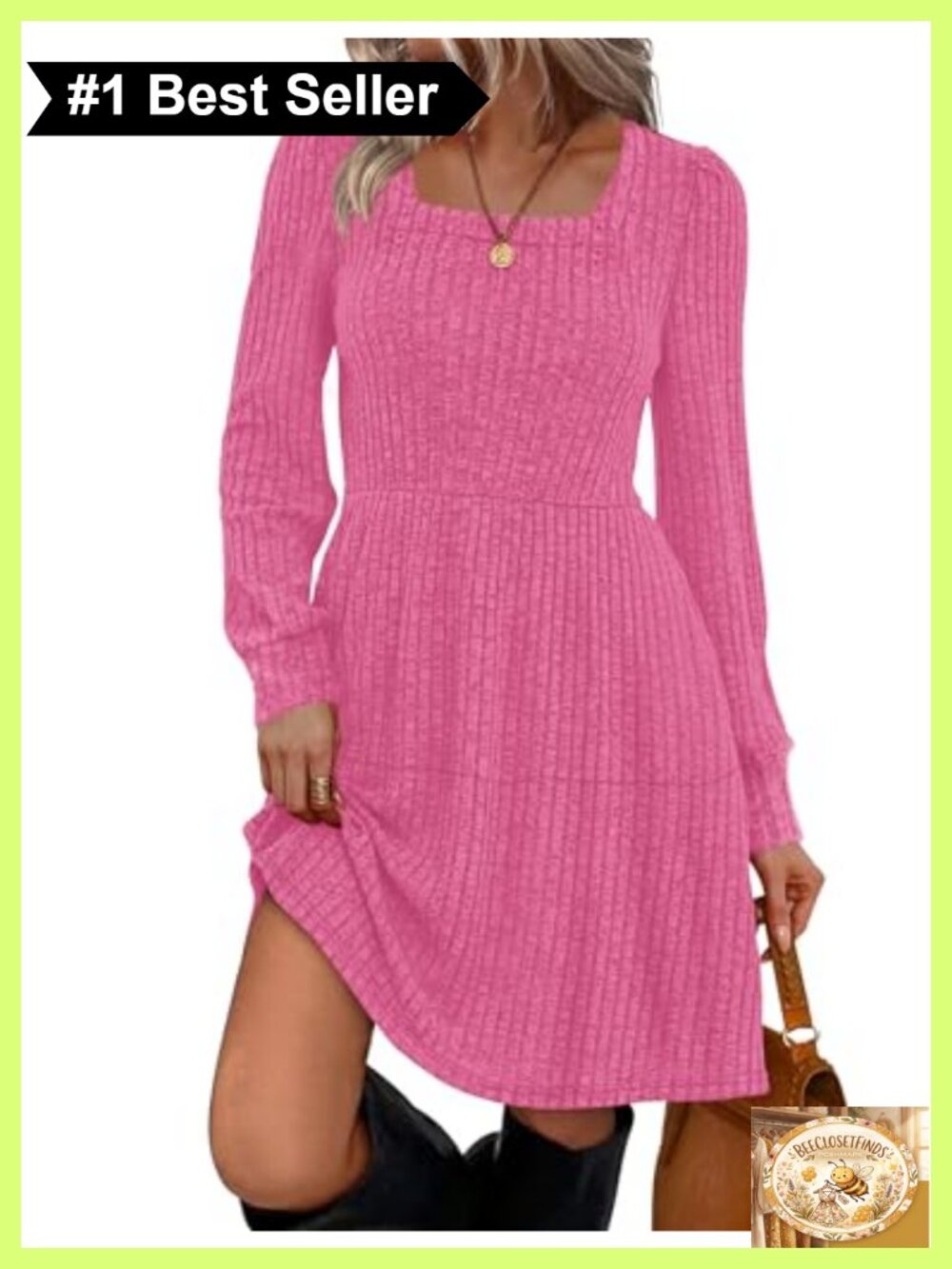 Square Neck Long Sleeve Babydoll Sweater Dress Casual Flowy Tunic